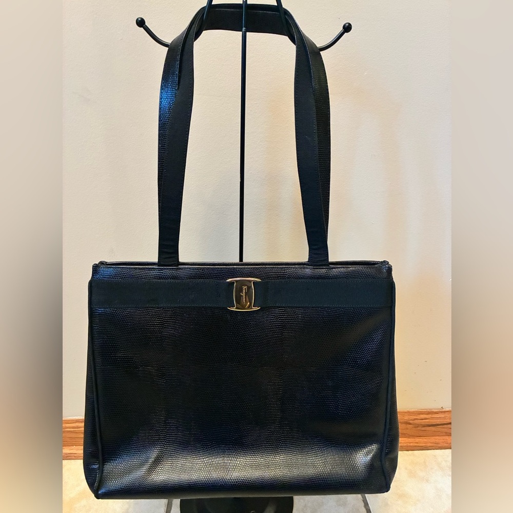 Salvatore Ferragamo VINTAGE Vera Lizard Black Leather Tote Handbag